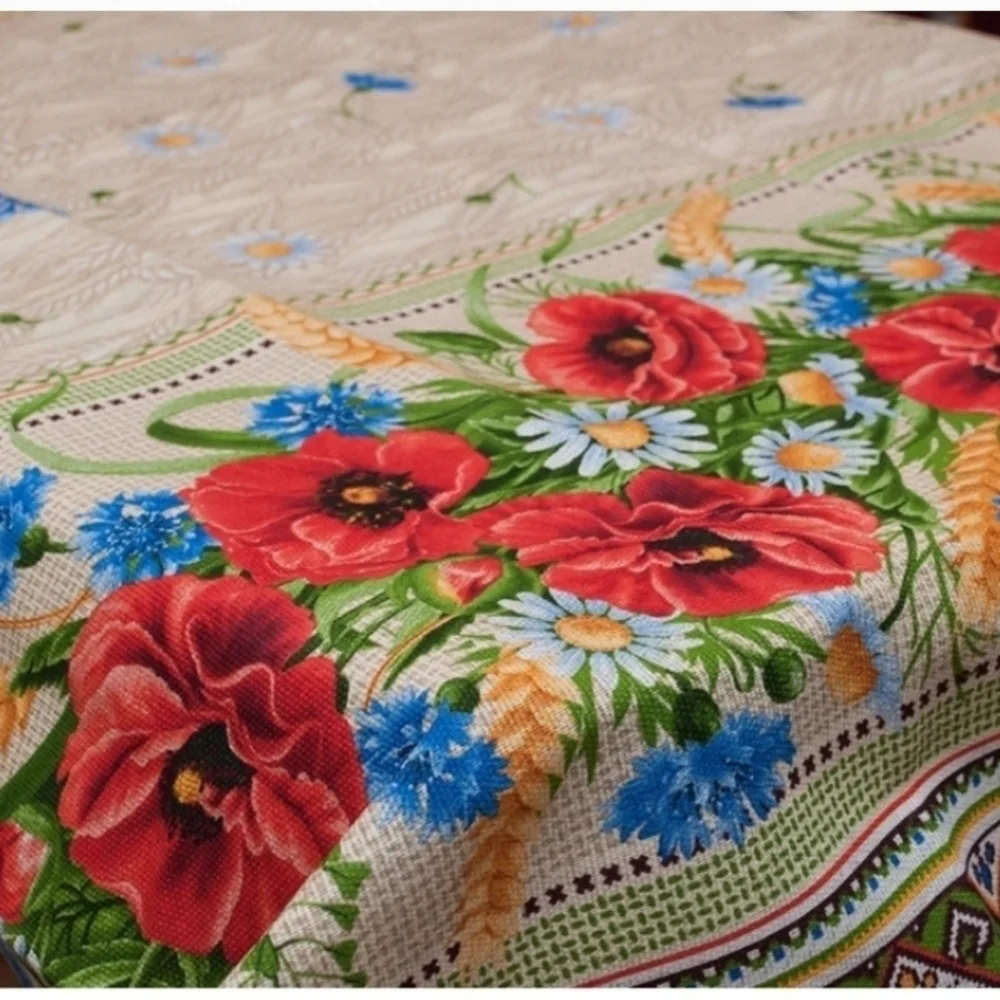 Poppy Printed Floral and Geometric Patterned Linen Tablecloth 78